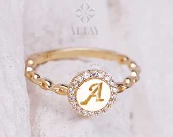 14K Gold Initial Ring, CZ Diamond Cursive Initial, Dainty Letter Band, Name Monogram Ring, Personalized Jewelry, Customized Tiny Gift