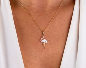 14K Gold Flamingo Necklace, Dainty Flamingo Pendant, Bird Charm Necklace, Minimalist Animal Charm Necklace, Dainty Necklace, Gift For Wife