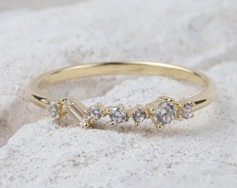 14K Gold Half Eternity Ring, 2mm CZ Diamond Wedding Ring, Round Wedding Ring, Delicate Engagement Band, Stacking Promise Ring