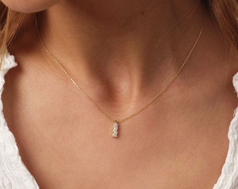 14K Gold Trio Cz Diamond Necklace, 3 Stone Necklace, Prong Set Pendant Necklace, Vertical Necklace, Bridesmaid Necklace, Graduation Gift