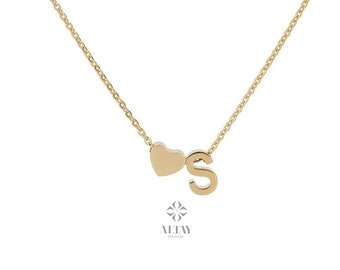 14K Gold Heart Initial Necklace, Custom Letter Necklace, Dainty Initial Necklace, Gold Personalized Name Necklace, Love Pendant Necklace