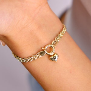 14K Gold Rope Chain Bracelet, 4.7mm Dainty Rope Bracelet, Personalized Heart Charm, Custom Engraved Heart Rope Bracelet, Initial Bracelet