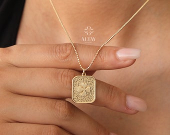 14K Gold Clover Necklace, Rectangle Charm Pendant, Small Clover Necklace, Good Luck Charm, Dainty Gold Choker, Personalized Flower Gift
