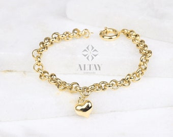 14K Gold Rolo Chain Bracelet, 5mm Rolo Chain Heart Charm Bracelet, Belcher Bracelet Rolo Chain, Dainty Love Charm, Minimalist Men Women
