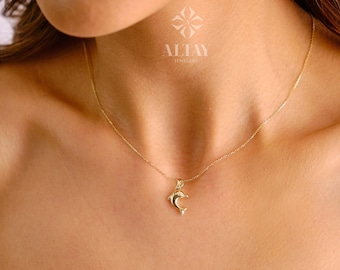 14K Gold Dolphin Necklace, Dolphin Pendant, Dolphin Fish Charm, Ocean Choker Charm, Valentine's Day Gift, Animal Jewelry, Gift for Her
