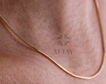 14K Solid Gold Box Chain Necklace, 0.7 mm Box Chain Choker, Dainty Layered Necklace, Shiny Box Chain Necklace, Gift For Her Him