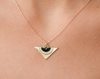 14K Gold Sunburst Triangle Necklace, Art Deco Geometric Pendant, Minimal Statement Jewelry, Unique Gift for Her