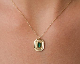 14K Gold Art Deco Emerald Pendant Necklace, Emerald Cut Green CZ Necklace, Geometric Gold Frame Necklace, Vintage Inspired Gold Necklace
