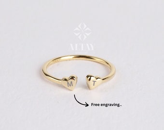 14K Gold Heart Ring, Double Heart Ring, Personalized Open Heart,  Minimalist Stackable Ring, Promise Knuckle Band Ring, Love Promise Ring
