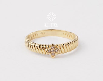 14K Gold Four Leaf Clover Ring, Clover Ring, Good Luck Clover Charm Ring, Gold Leaf, St. Patrick's Day Accessory Band, Gift for Her