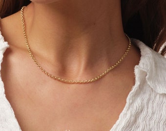 14K Gold Rolo Chain Necklace, 3mm Gold Link Belcher Chain Choker, Round Link Charm Necklace, Minimal Delicate Round Necklace, Woman, Men