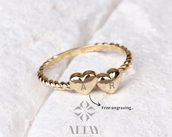 14K Gold Heart Ring, Tiny Hearts Stacking Ring, Double Heart Dainty Ring, Custom Heart Ring, Personalized Initial Ring, Promise Love Band