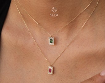 14K Gold Birthstone Pendant Necklace, Personalized Gold Necklace  Emerald, Ruby Stone Necklace, Dainty Emerald Necklace, Anniversary Gift