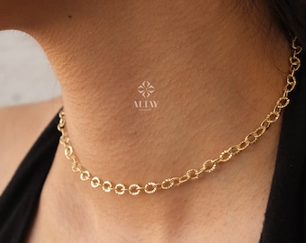14K Gold Chain Necklace, Rolo Chain Choker, Oval Links Necklace, Chunky Chain Necklace, Cable Chain Necklace, Women Layering Necklace