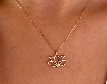 14K Gold Lotus Necklace, Lotus Flower Necklace, Gold Lotus Necklace, Yoga Necklace, Meditation Necklace, Lotus Floral Necklace, Gift For Mom