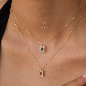 14K Gold Birthstone Pendant Necklace, Personalized Gold Necklace  Emerald, Ruby Stone Necklace, Dainty Emerald Necklace, Anniversary Gift