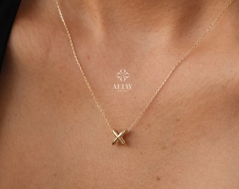 14K Gold X Necklace, Symbol Charm Necklace, X Kiss Necklace