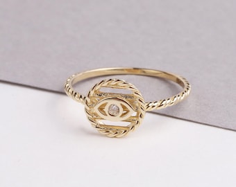 14K Gold Round Evil Eye Ring, Tiny Third Eye Ring, Minimal Protection Band Ring, Simple Small Engagement Ring, Religious Good Luck Jewelry