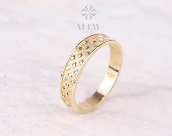 14K Gold Textured Band Ring, Square Pattern Wedding Ring, Minimalist Matching Ring, Engravable Eternity Ring, Chunky Marriage Band