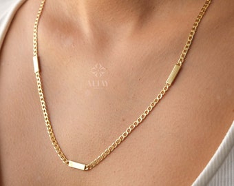 14K Gold Cuban Link Necklace, Dainty Bar Necklace, Curb Chunky Engraved Necklace, Skinny Bar Necklace, Stacking Necklace, Men Women Chain