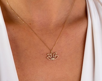 14K Gold Lotus Necklace, Lotus Flower Necklace, Gold Lotus Necklace, Yoga Necklace, Meditation Necklace, Lotus Floral Necklace, Gift For Mom