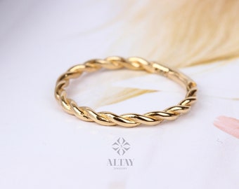 14K Solid Gold Twist Ring, Rope Style Twisted Gold Ring, Dainty Stacking Ring, Simple Delicate Stack Twist Ring, Thin Twist Wedding Band