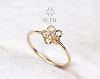 14K Gold Flower Ring, Diamond Daisy Ring, Sunflower Band, Stackable Gold Ring, Dainty Flower Ring, Tiny Gold FlowerJewelry, Gift For Her