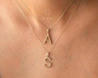14K Gold Initial Necklace, Rope Gold Letter Necklace, Custom Personalized Necklace, Name Letter Necklace, Initial Charm Pendant, Christmas