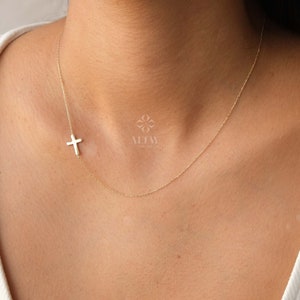 14K Gold Sideways Cross Necklace, Dainty Gold Cross Charm, Jesus Christ Religious Jewelry, Christening Baptism Gift, Tiny Cross Pendant