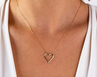 14K Gold Open Heart Necklace, Heart Pendant Necklace, Heart Outline Necklace, Love Charm Choker, Forever Love Necklace, Anniversary Gift