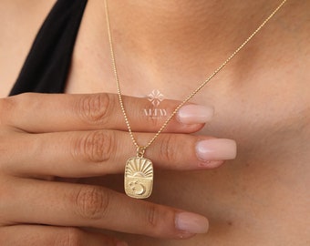 14K Gold Rectangle Sunshine Necklace, Sunbeam Necklace, Moon Stars Necklaces, Sunburst Pendant, Gold Sun Solar Medallion Necklace, Birthday