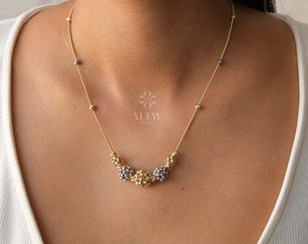 14K Gold Satellite Flower Necklace, Two Tone Ball Chain Necklace, Dainty Beaded Floral Station Necklace, Layering Gold Chain Choker