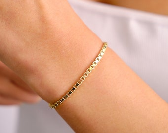 14K Gold Box Kettenarmband, 2,7 mm quadratische Box Kettenarmband, glänzende Box Kette Fußkettchen, zierliche geschichtete Armband, einfache Kettenarmband