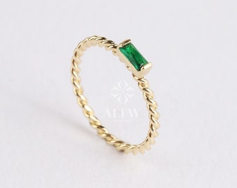 14K Gold Baguette Birthstone Ring, Custom Stackable Gemstone Ring, Braided Twist Rope Band Ring, Family Birthstone Ring, Personalized Gift