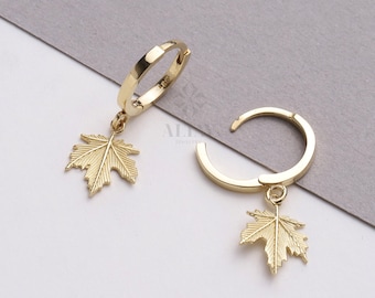 14K Gold Leaf Hoop Earrings, Dangle Maple Leaf Huggies, Maple Leaf Earrings, Tiny Drop Hoop Earrings, Huggies Hoop, Dainty Hoop Earrings