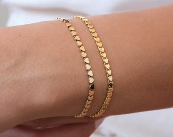 14K Gold Heart Bracelet, 3mm Minimal Dainty Gold Bracelet, Heart Charm Jewelry Gift for Her