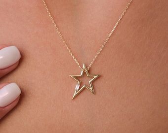 14K Gold Open Star Necklace, Small Star Pendant, Star Charm Choker, Celestial Necklace, Mini Star Necklace, Dainty Layering Necklace