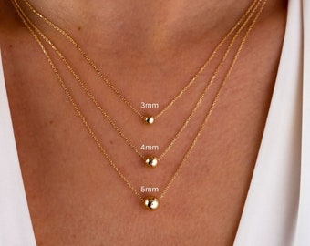 14K Gold Ball Necklace, 3 4 5 mm Gold Ball Necklace, Gold Sphere Necklace, Round Bead Floating Necklace, Dainty Gold Tiny Bead Necklace