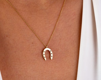 14K Gold Horseshoe Necklace, Horseshoe Pendant Necklace, Mini Horseshoe Charm, Lucky Horseshoe Pendant, Dainty Gold Necklace