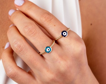 14K Gold Evil Eye Ring, Mini Evil Eye Stackable Ring, Good Luck Ring, Dainty Ring, Gift For Her, Minimal Ring, Protection Sign