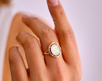 14K Gold Initial Ring, Enamel Letter Ring, Personalized Initial Letter Ring, Initial Engraved Signet Ring, Personalized Name Band, Gift