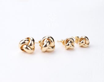 14K Gold Knot Earrings, Dainty Love Knot Studs, Minimalist Twisted Knot Earrings, Triple Knot Cartilage Helix Piercing, Unique Gift for Her