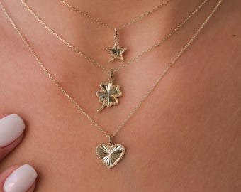14K Gold Heart Star Clover Necklace, Mini Textured Heart Pendant, Sparkle Gold Star Charm, Small Clover Necklace, Love Pendant Necklace