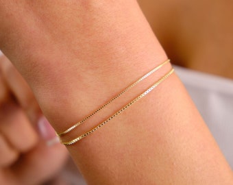 14K Gold Box Chain Bracelet, 0.75mm 1mm Box Chain Bracelet, Shiny Box Chain Anklet, Dainty Layered Bracelet, Simple Chain Bracelet