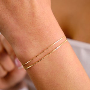 14K Gold Box Chain Bracelet, 0.75mm 1mm Box Chain Bracelet, Shiny Box Chain Anklet, Dainty Layered Bracelet, Simple Chain Bracelet