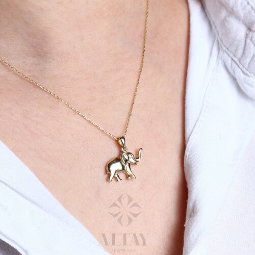 thumbnail image 2 of 14K Solid Gold Elephant Pendant & 16" Chain – 14mm Elephant, Yellow Gold, Spring Ring – ALEX AND ELSA PT1628 2 of 6