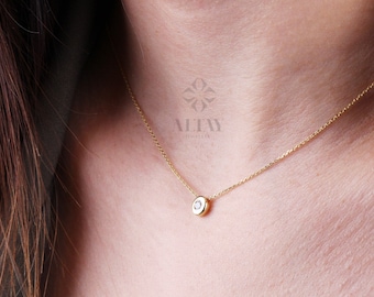 14K Gold Diamond Bezel Necklace, CZ Solitaire Charm, Natural Brilliant Cut Diamond Bezel Necklace, Dainty Diamond Choker, Bridesmaid Gift