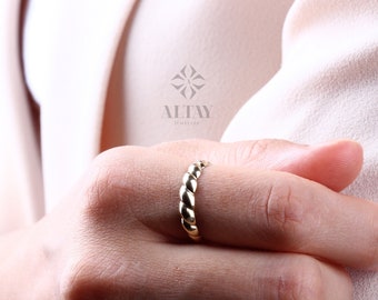 14K Gold Croissant Ring, 4mm Twisted Tiny Dome Ring, Puff Croissant Band Ring, Pointer Ring, Rope Promise Ring, Braided Bubble Gold Ring