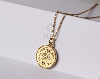 14K Gold Eye Medallion Necklace, Evil Eye Pendant, Coin Necklace, Dainty Gold Choker, Celestial Jewelry, Sun Eye Personalized Gifts for Her