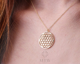 14K Gold Flower of Life Necklace, Layered Pendant Coin, Minimalist Disc Charm, Sacred Geometry Medallion, Symbol of Perun, Gift for Her